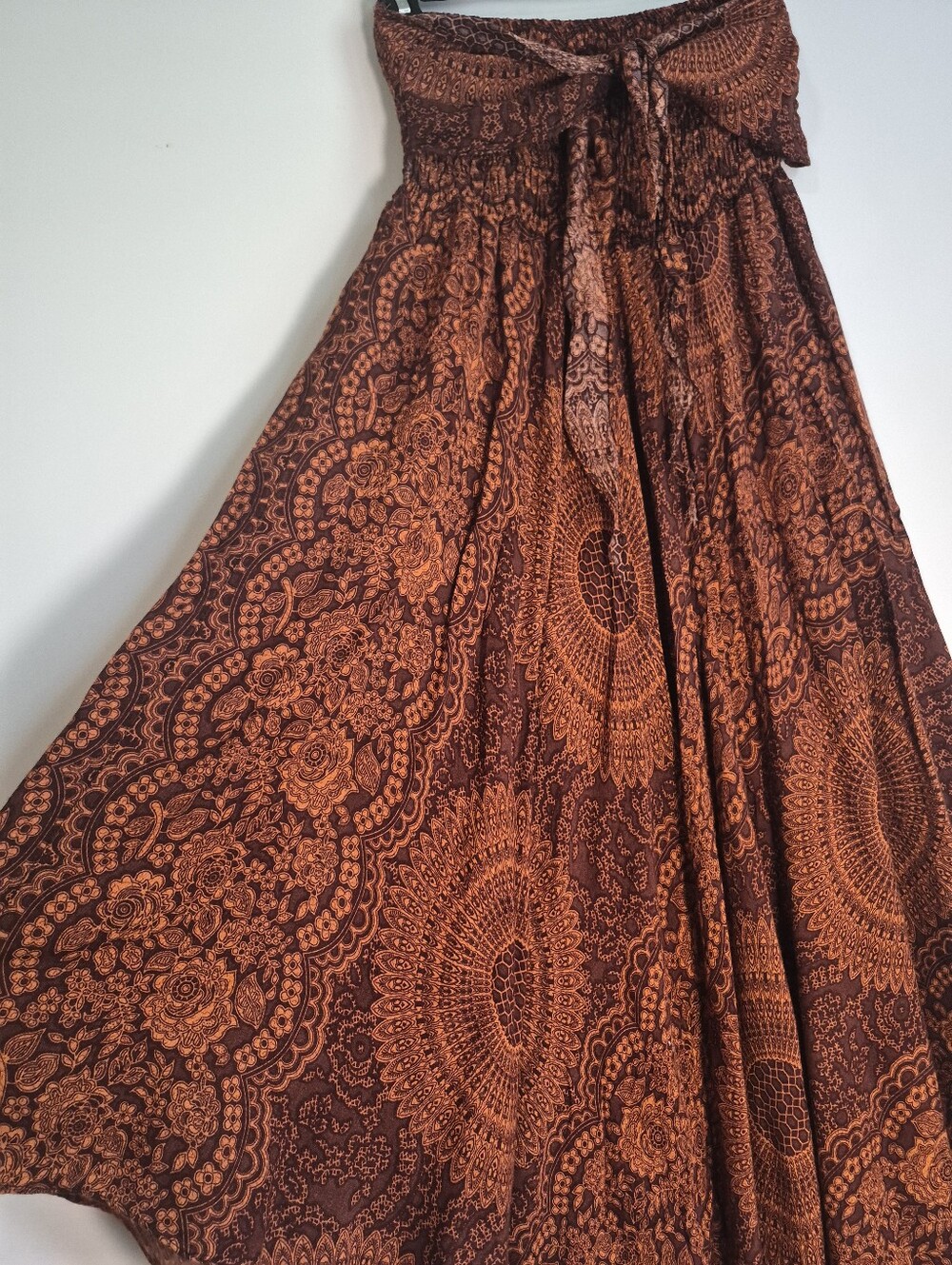 Bangkok Pants Boho Smocked 2-in-1 Maxi Skirt Dress Orange Brown Rayon S/M L/XL